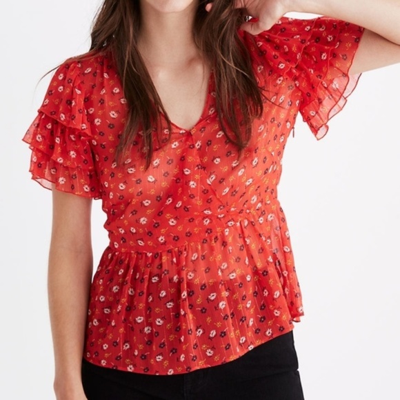 Madewell Tops - Madewell Floral Red Ruffle Peplum  Top Size 2